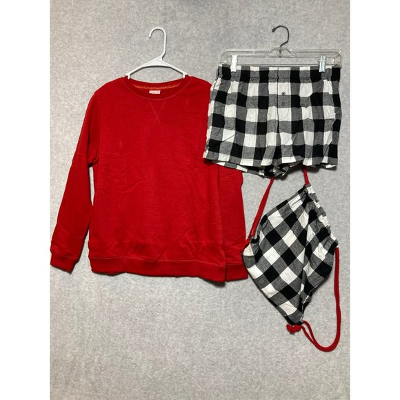Wondershop Pajama 3pc Set Small Buffalo Check Shorts Red Sweatshirt Matching Bag - Picture 3 of 12